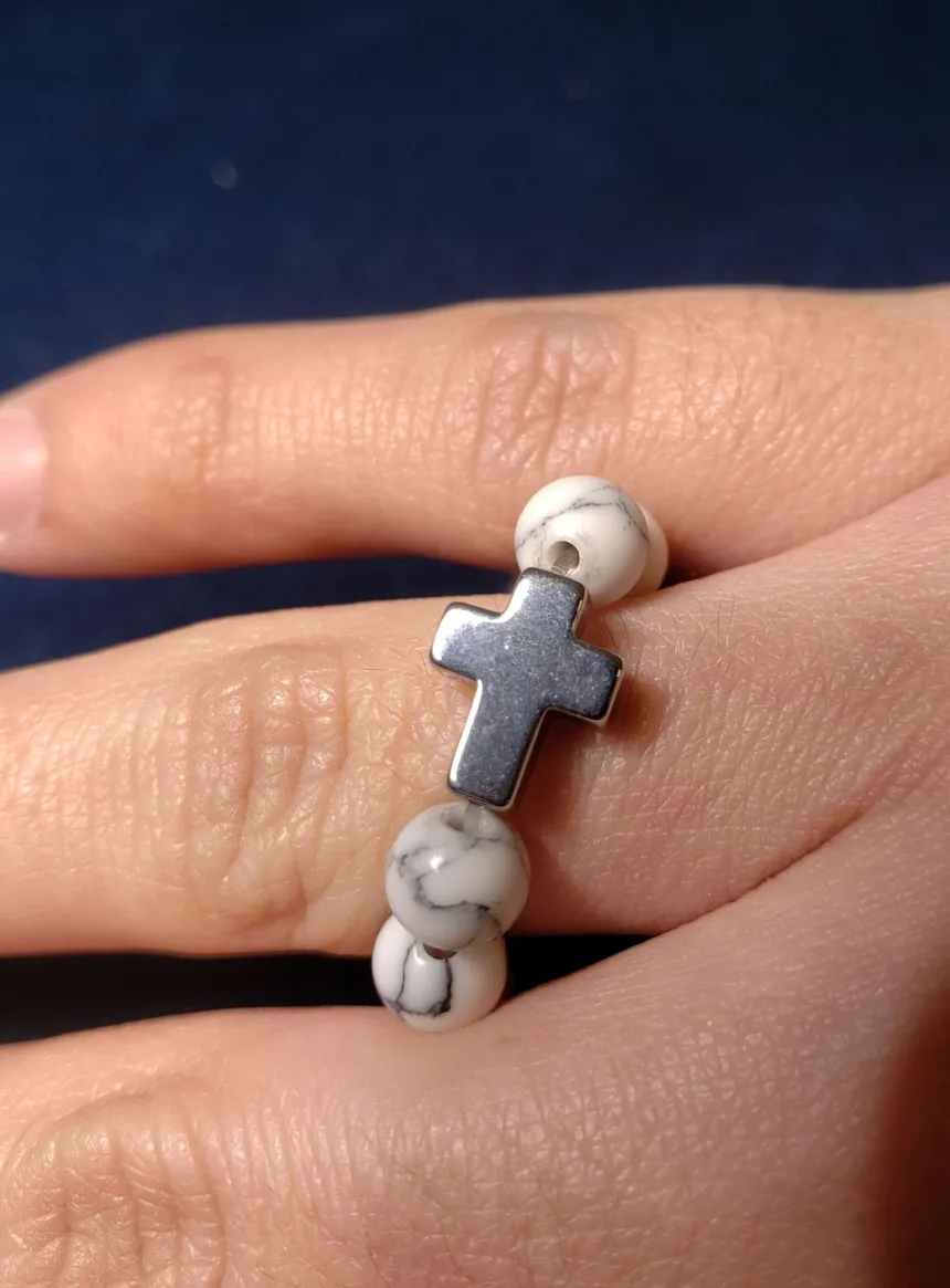 Bague Dizainier Perles de Howlite Blanc Blanc