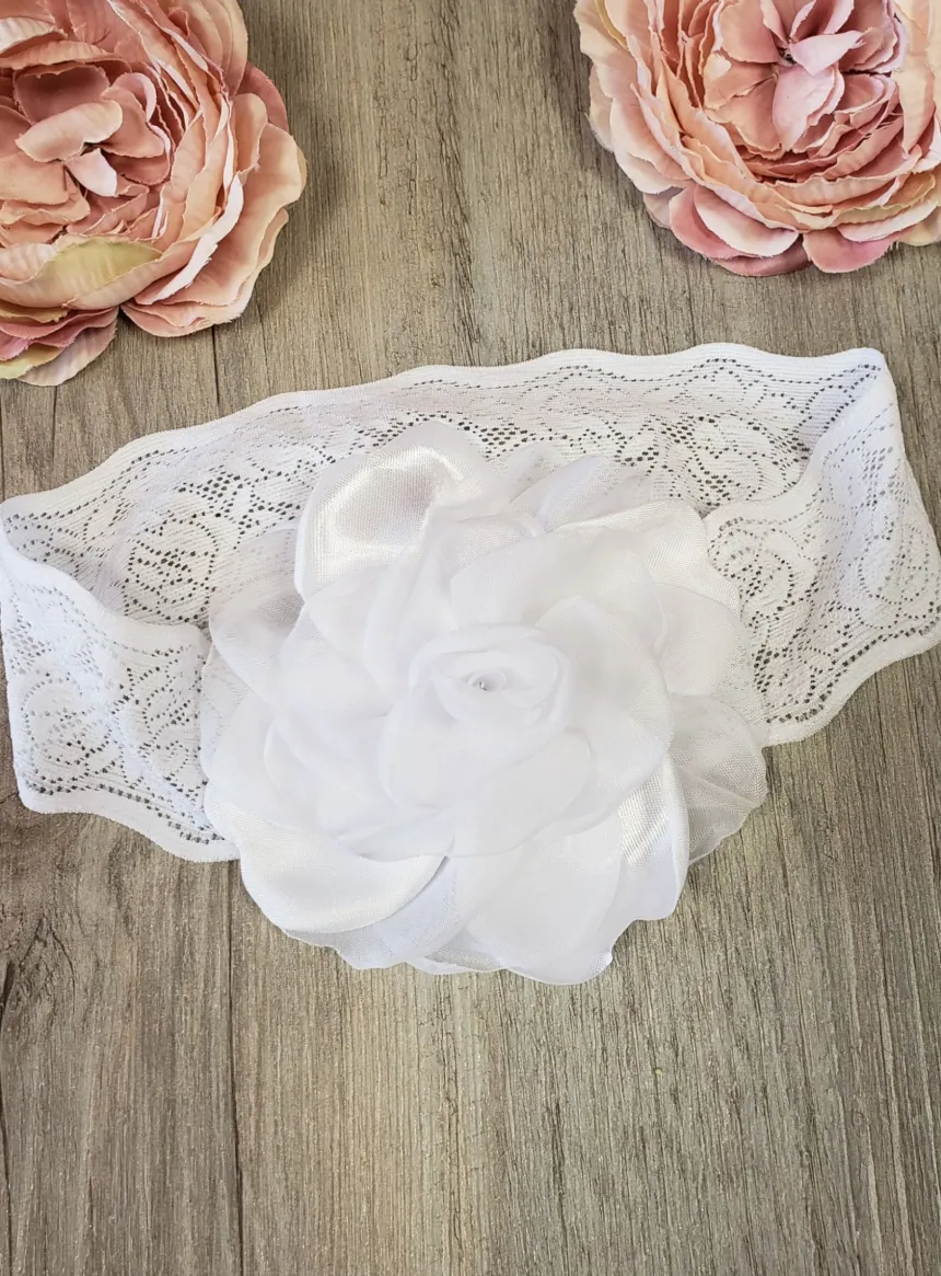 Bandeau baptême blanc dentelle et fleur Blanc
