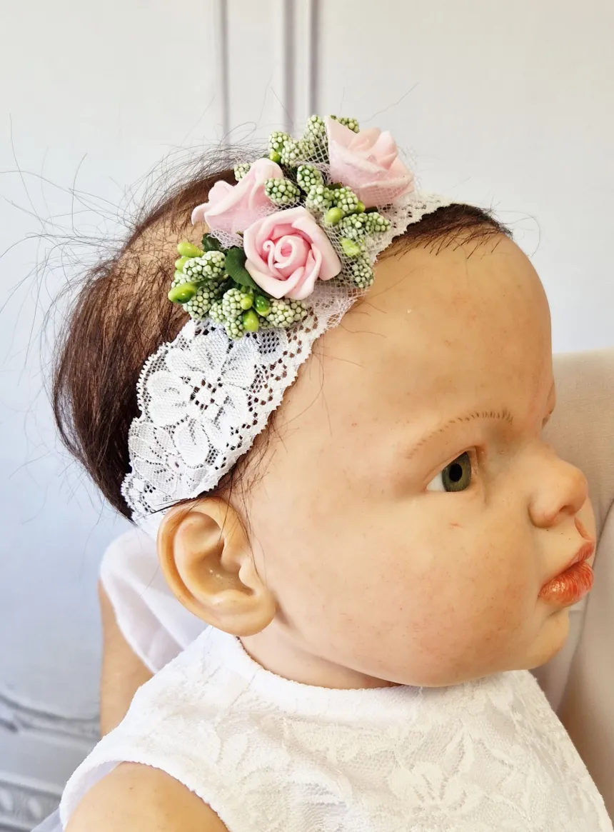 Bandeau bébé dentelle et fleur Blanc