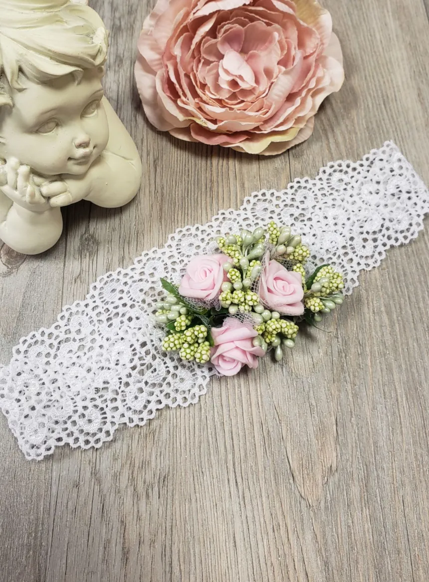 Bandeau bébé dentelle et fleur Blanc
