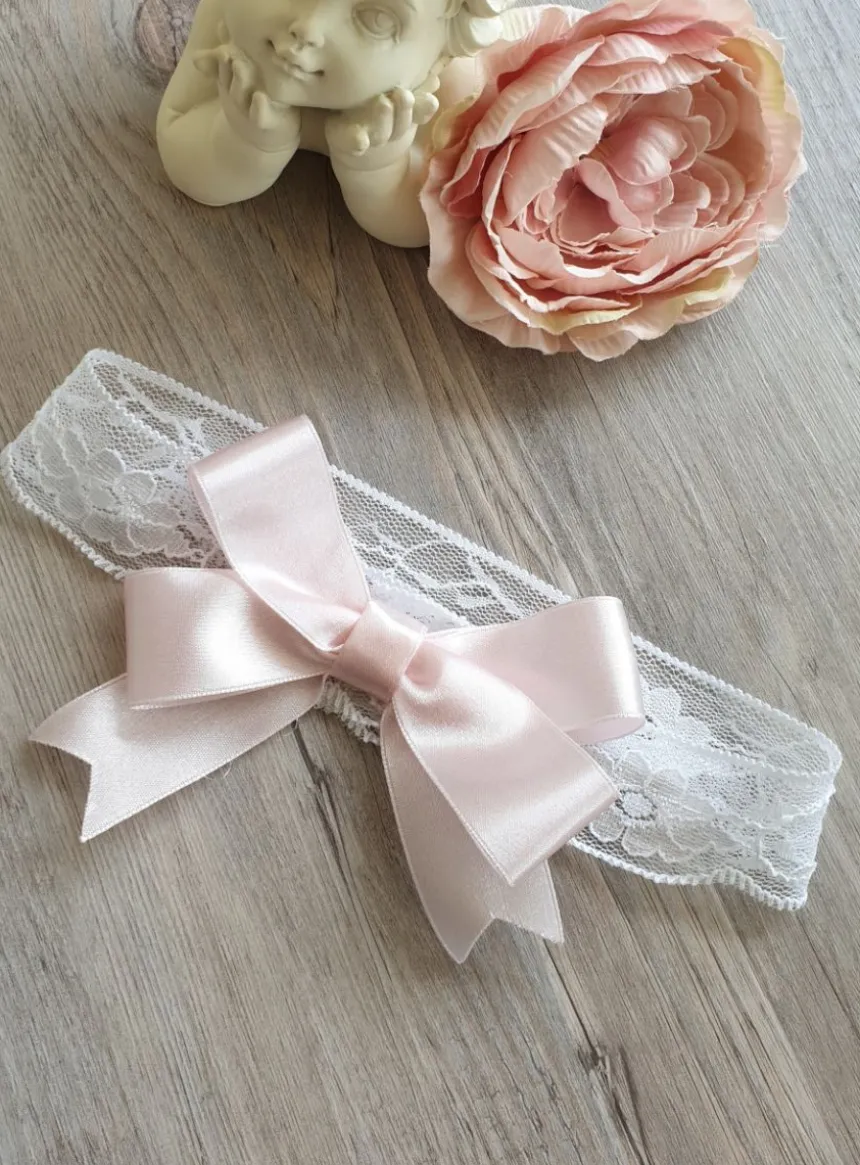 Bandeau bébé dentelle et noeud satin rose Blanc
