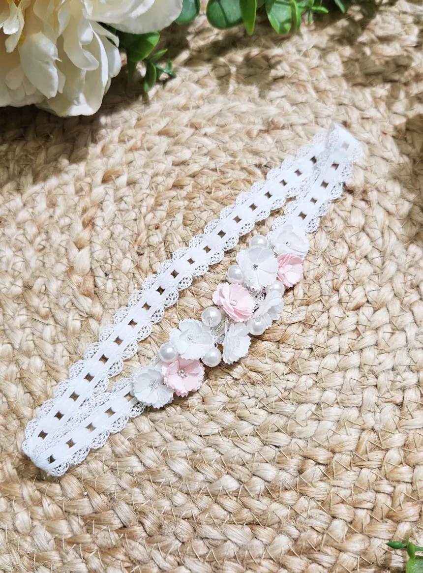Bandeau Coiffure Petite Fille fleurs blanches et roses