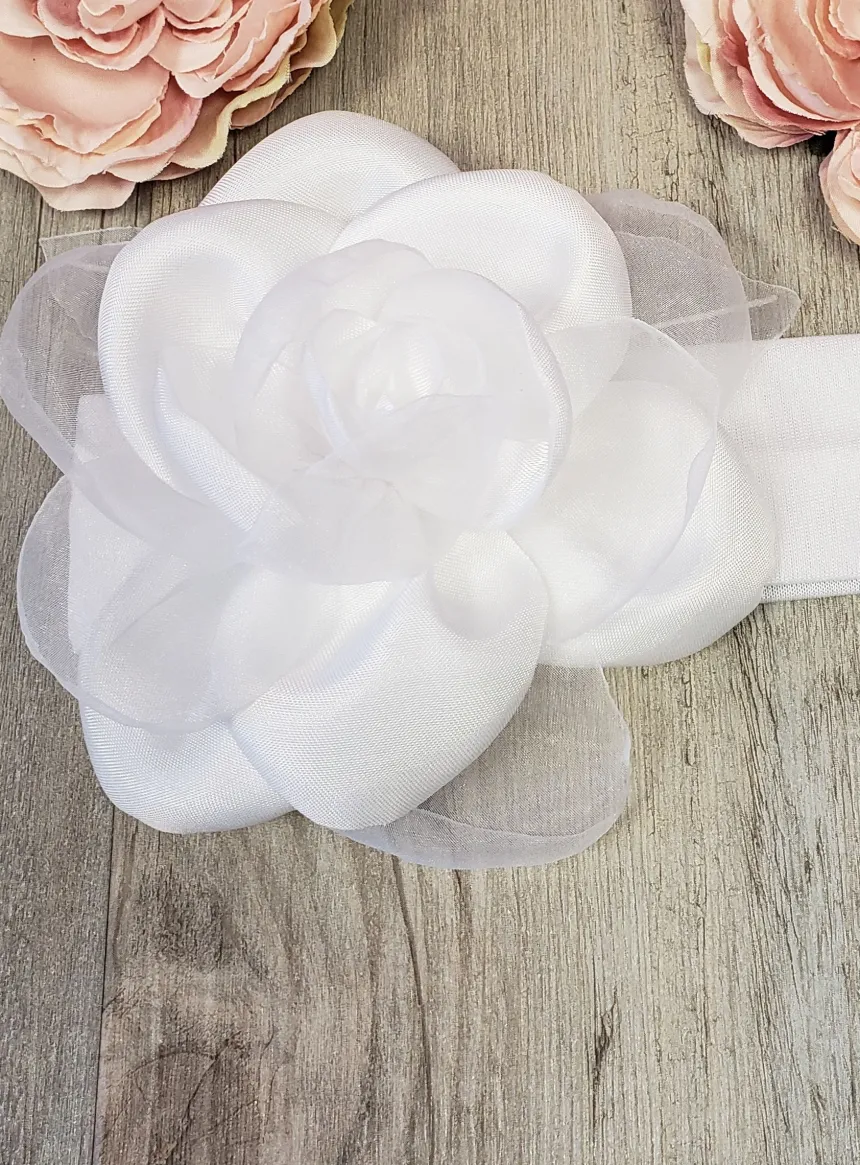 Bandeau de baptême avec fleur et feuille Blanc
