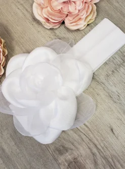 Bandeau de baptême avec fleur et feuille Blanc