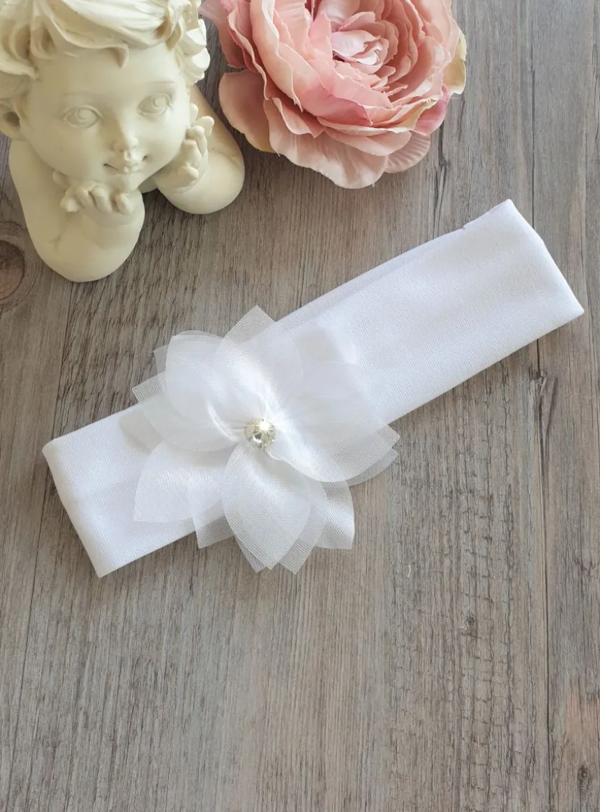 Bandeau de baptême blanc fleur large Blanc