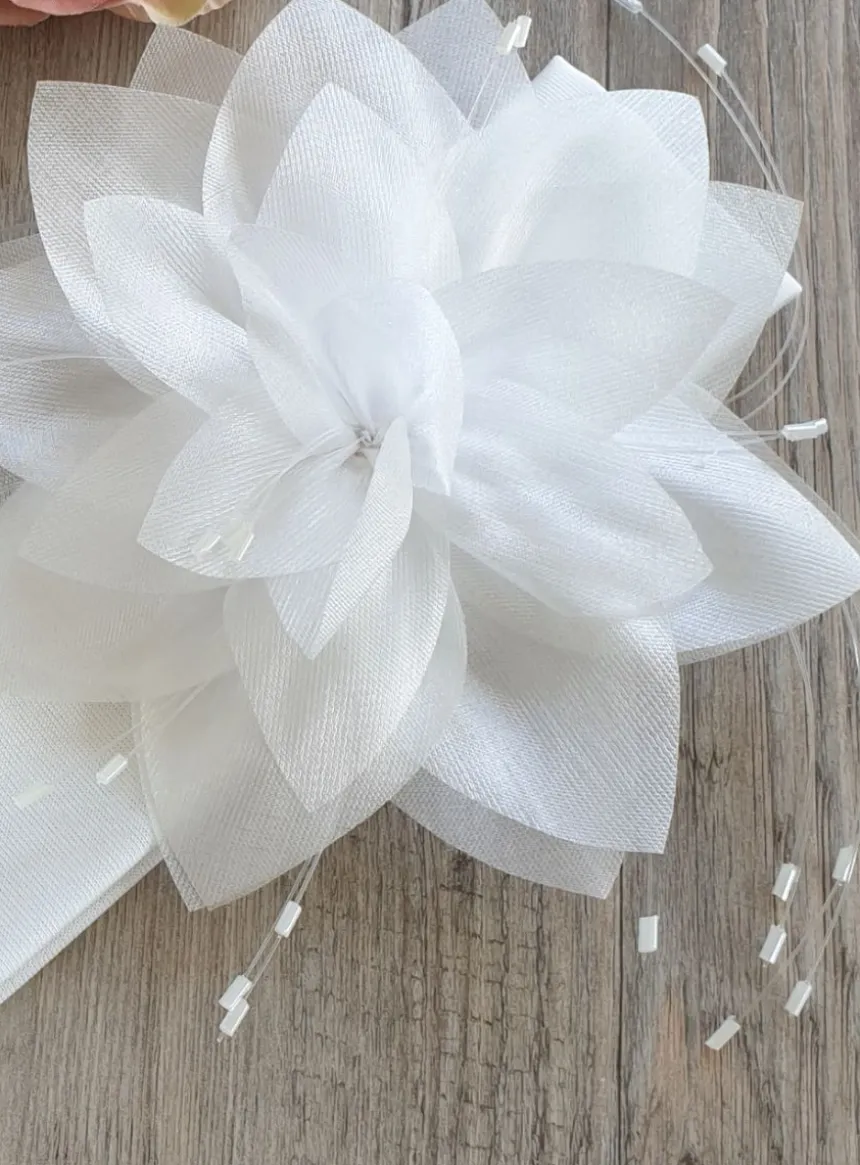 Bandeau de baptême fleur large avec perles