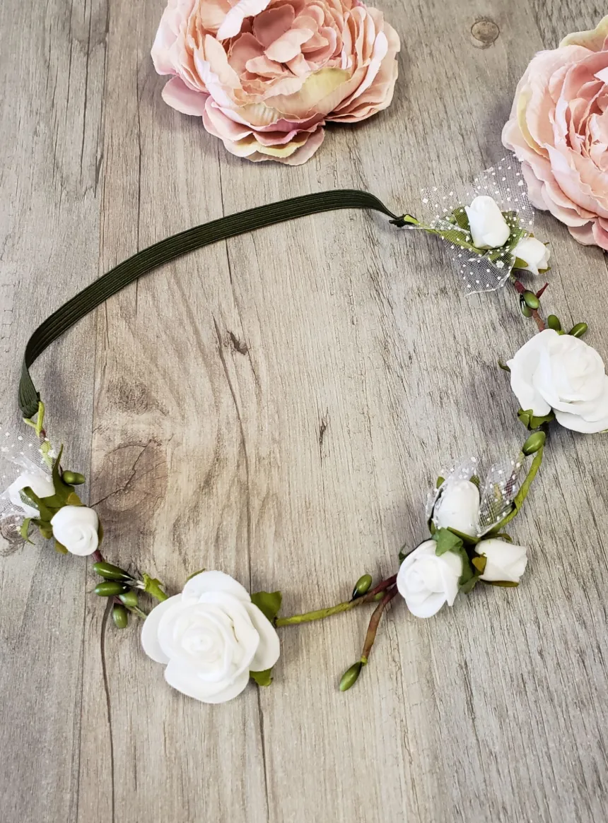 Bandeau de cérémonie fleurs et tiges Blanc