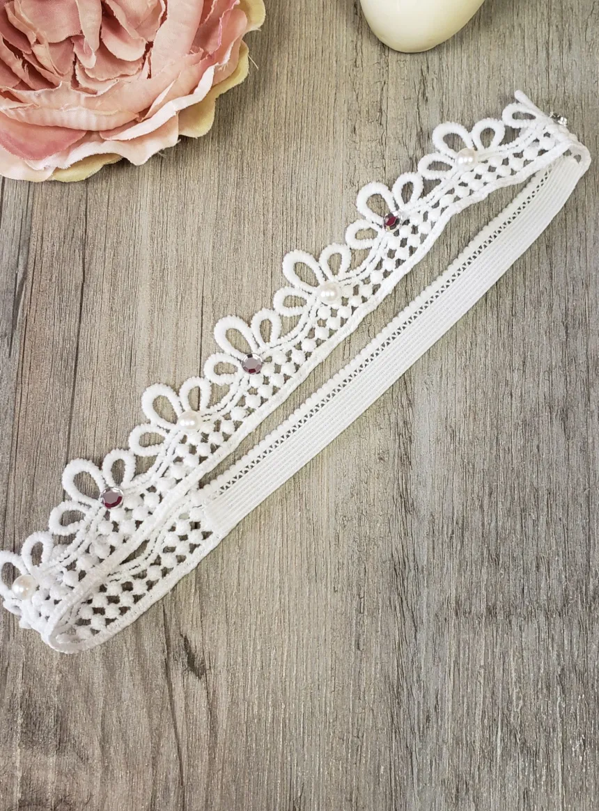 Bandeau dentelle petite fille dentelle perles et strass Blanc