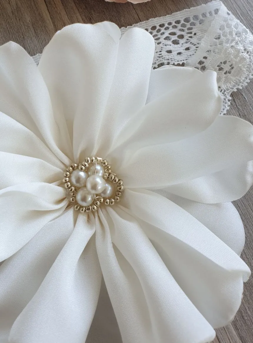Bandeau fille dentelle fleur large Ivoire - Ecru