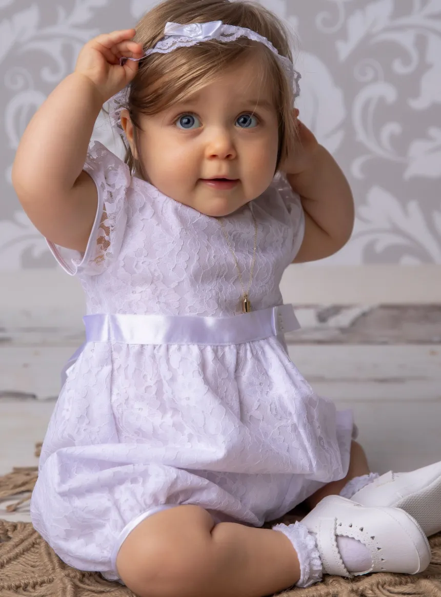 Barboteuse baptême bébé fille dentelle + bandeau