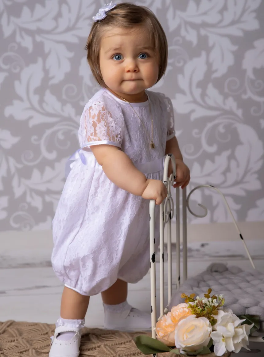 Barboteuse baptême bébé fille dentelle + bandeau