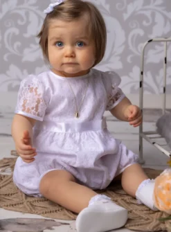 Barboteuse baptême bébé fille dentelle + bandeau