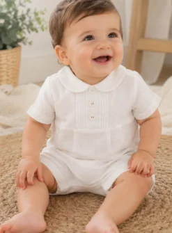Barboteuse bébé garçon en lin blanc cassé