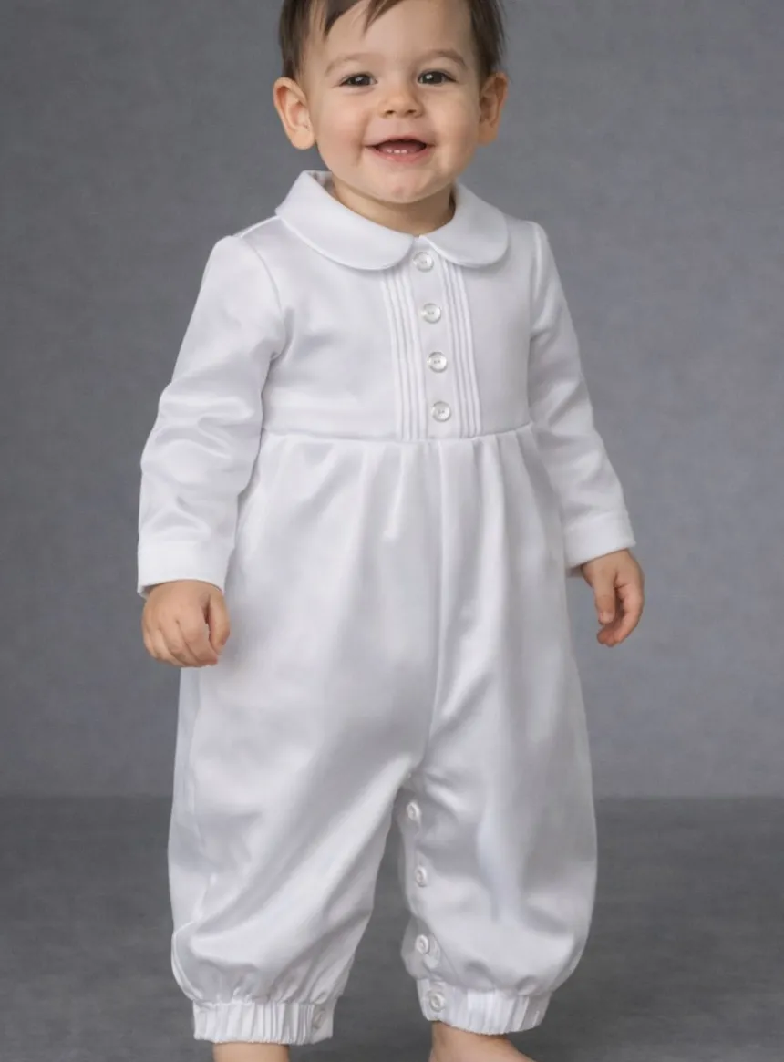 Barboteuse satin blanc garçon Corentin manches longues