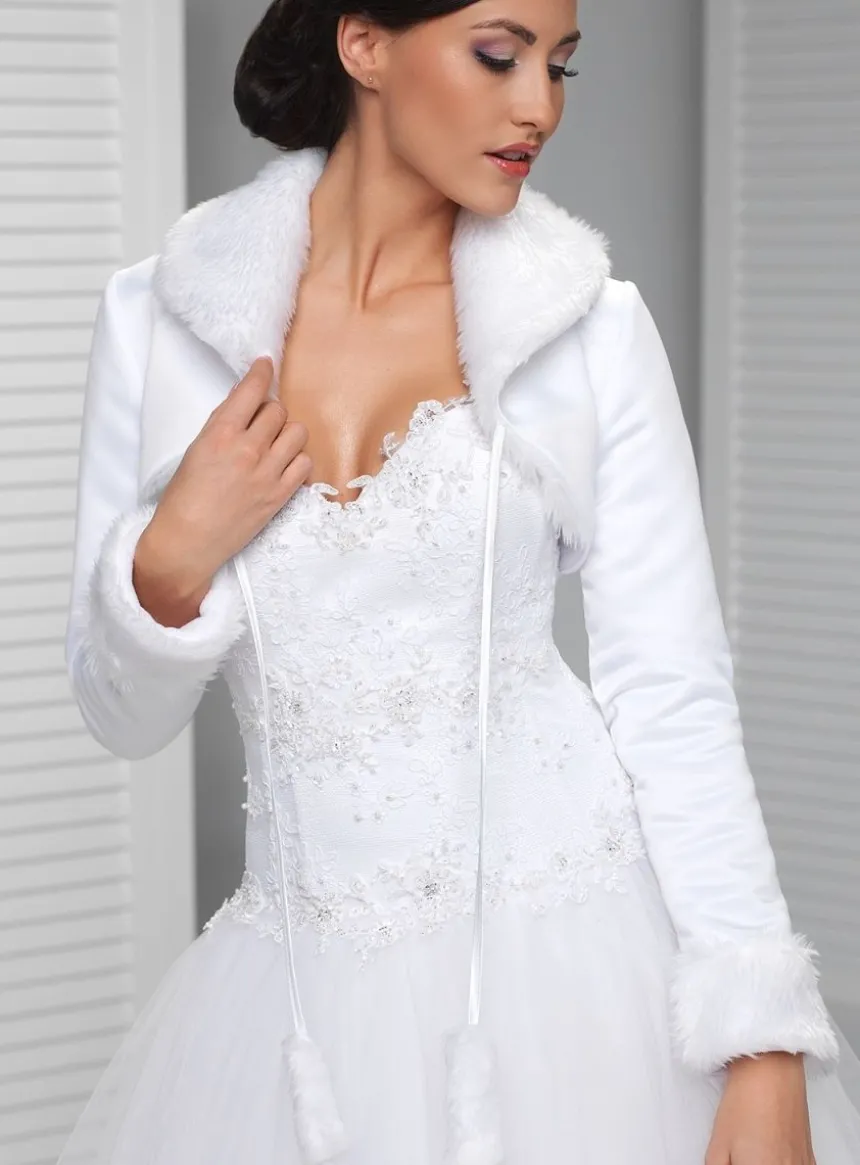 Boléro femme satin/fausse fourrure court manches longues