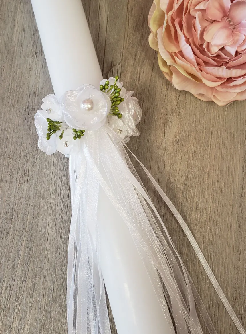 bougie baptême + noeud de fleurs