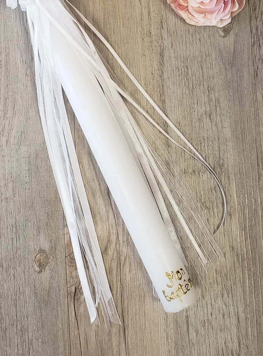 bougie baptême + noeud de fleurs
