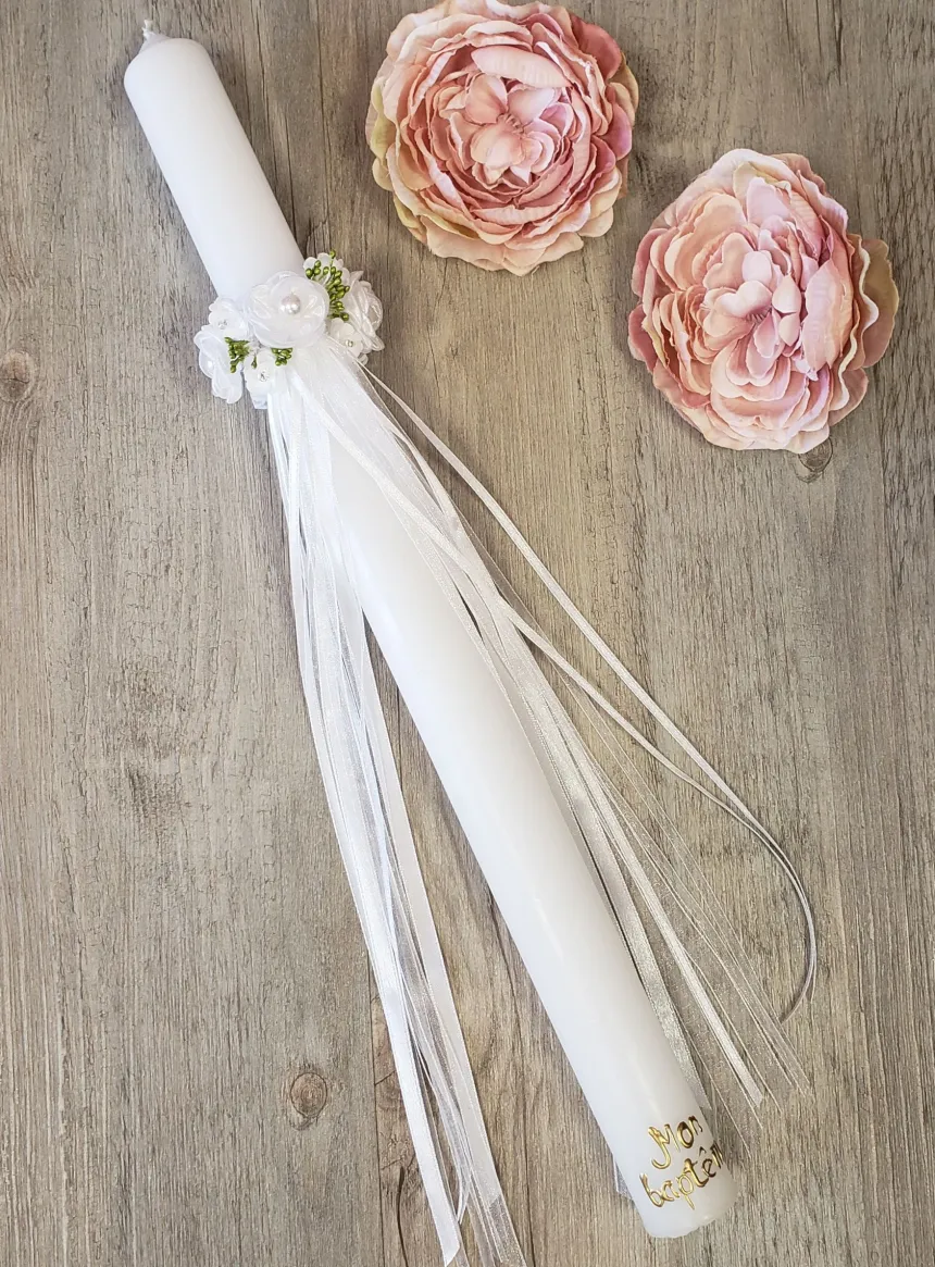 bougie baptême + noeud de fleurs