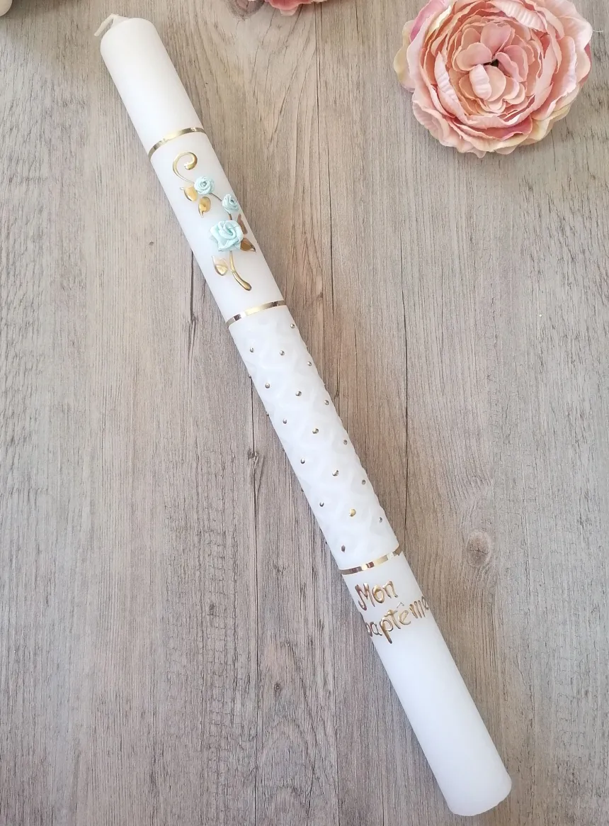 Bougie de baptême fleurs tissu