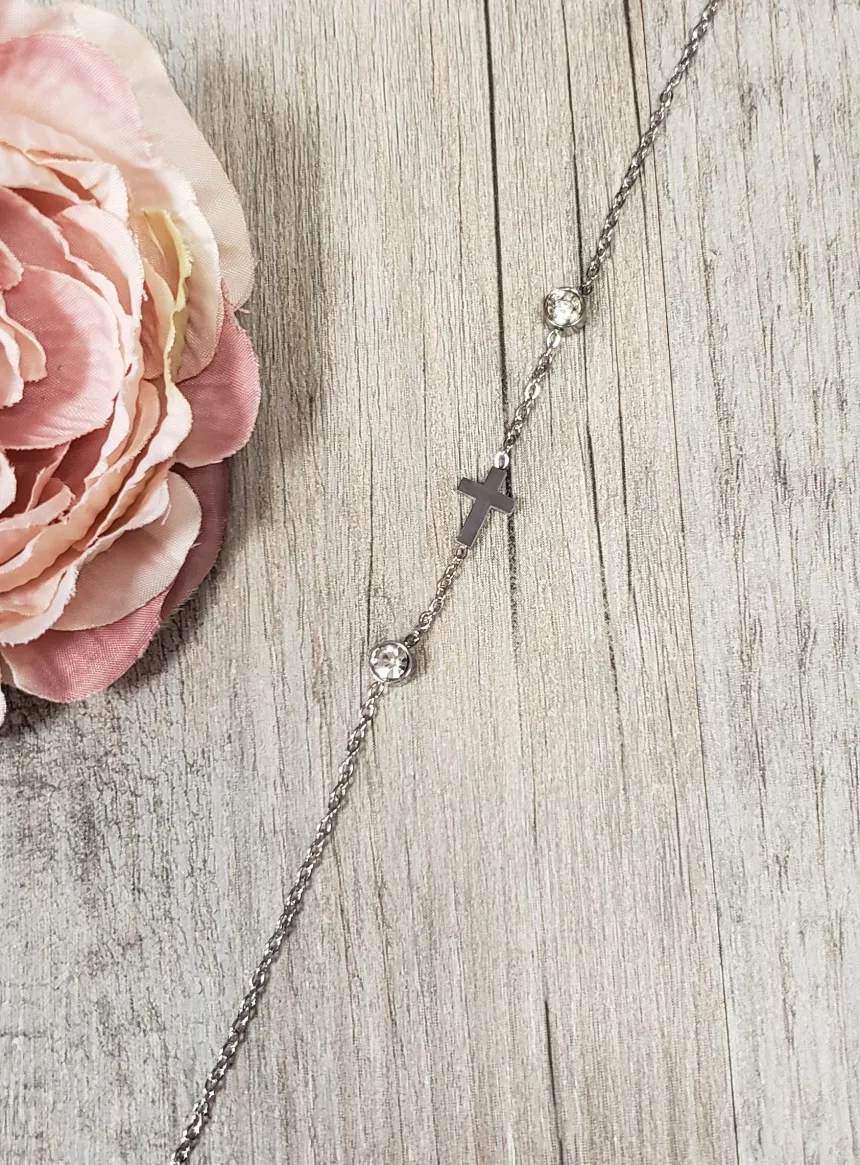 Bracelet croix et strass Gris argent