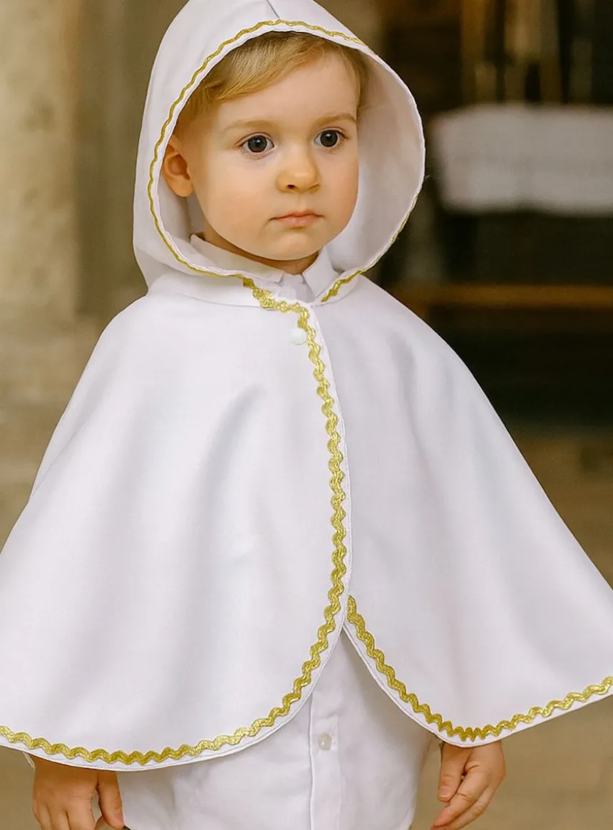 Cape baptême / communion satin blanc et galon doré avec capuche