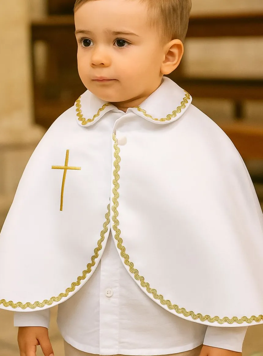 Cape satin blanc galon doré petit col