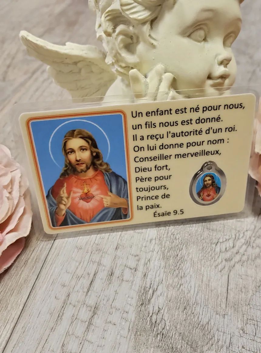 Carte de Prière avec médaille Jésus - Notre Père Beige