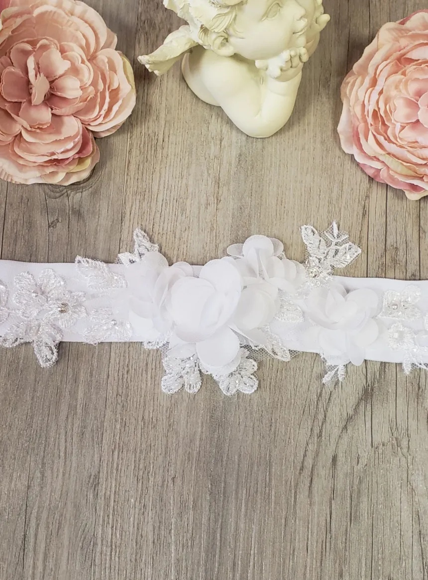 Ceinture dentelle perlée et fleurs large - Collection Création Blanc