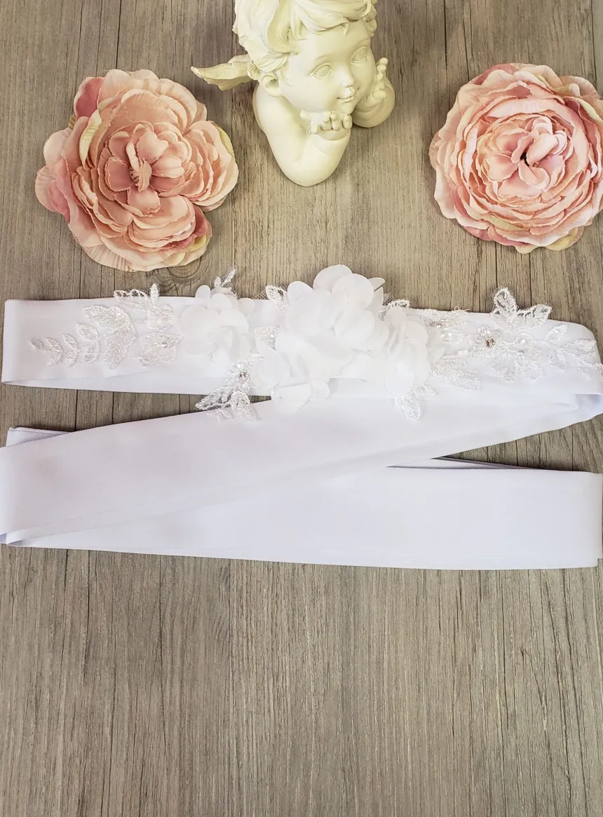 Ceinture dentelle perlée et fleurs large - Collection Création Blanc