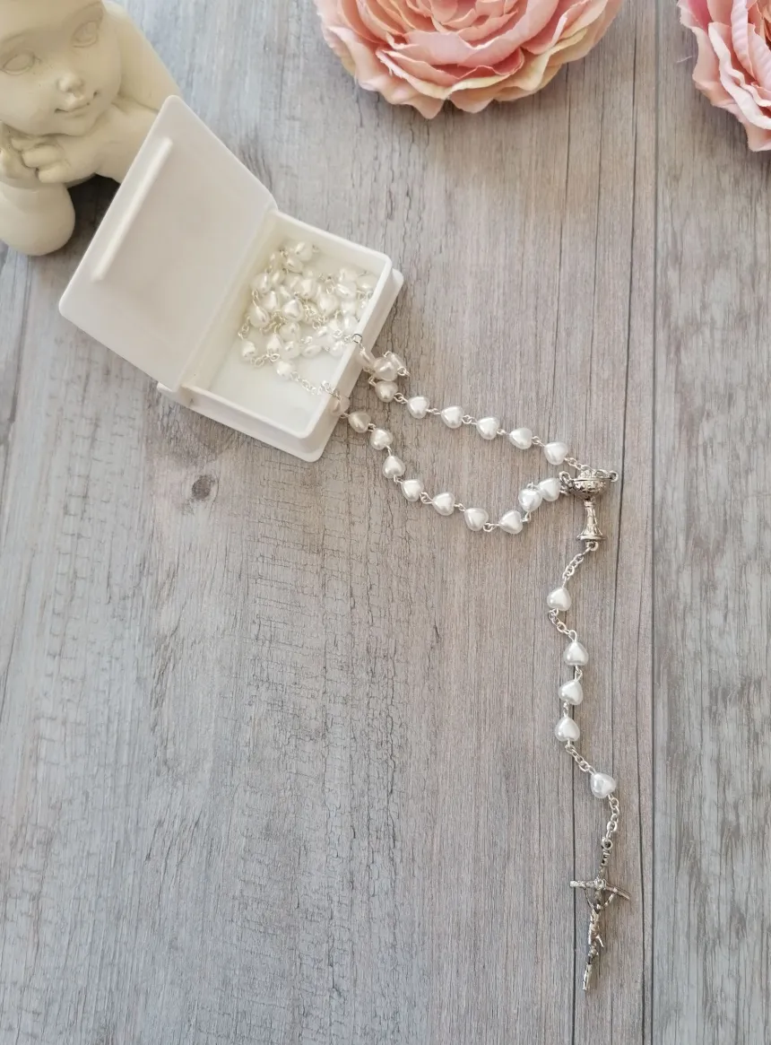 Chapelet communion perles coeur Blanc