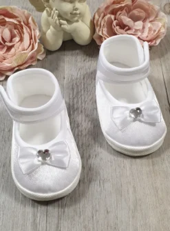 Chaussons bébé fille satin blanc avec nœud et strass