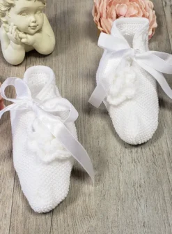 Chaussons bébé tricot fille avec fleurs Blanc Taille unique