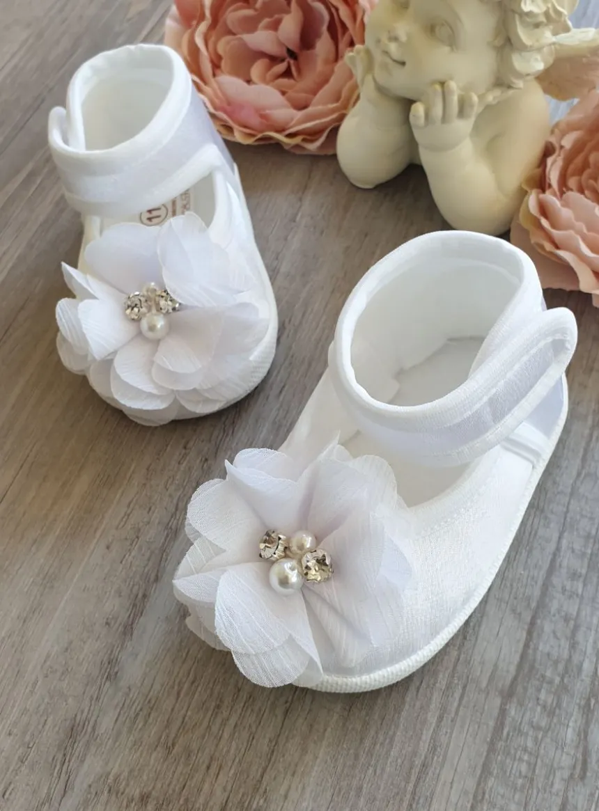 Chaussons blanche bébé fille fleurs et strass