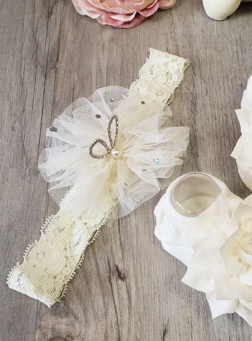 Chaussons / chaussettes + bandeau coordonnés bébé fille avec fleurs Ivoire - Ecru Taille unique