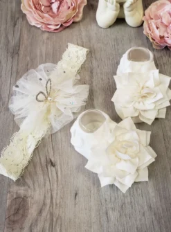 Chaussons / chaussettes + bandeau coordonnés bébé fille avec fleurs Ivoire - Ecru Taille unique