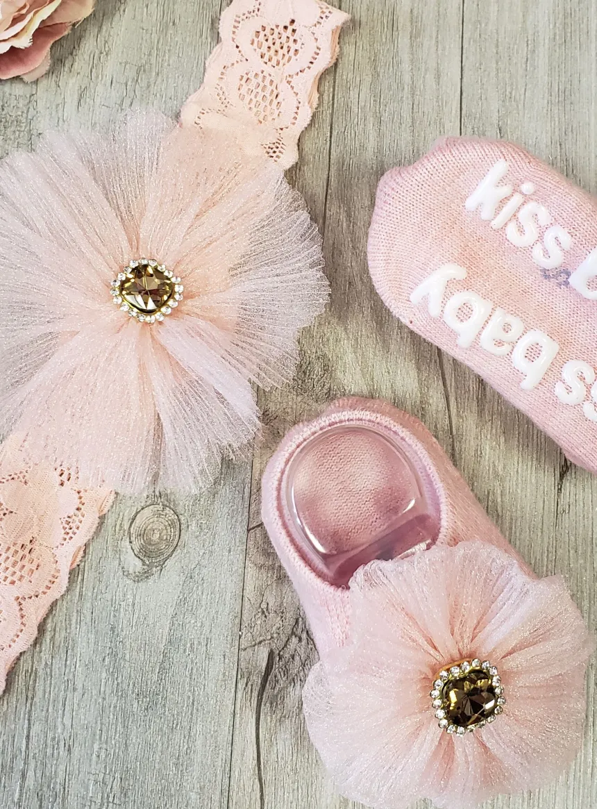 Chaussons / chaussettes + bandeau bébé fille avec strass