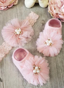 Chaussons / chaussettes + bandeau bébé fille fleur et perles