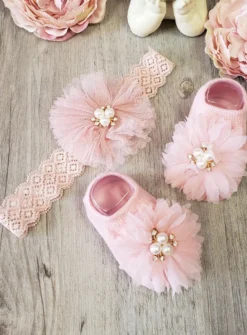 Chaussons / chaussettes + bandeau bébé fille fleur et perles