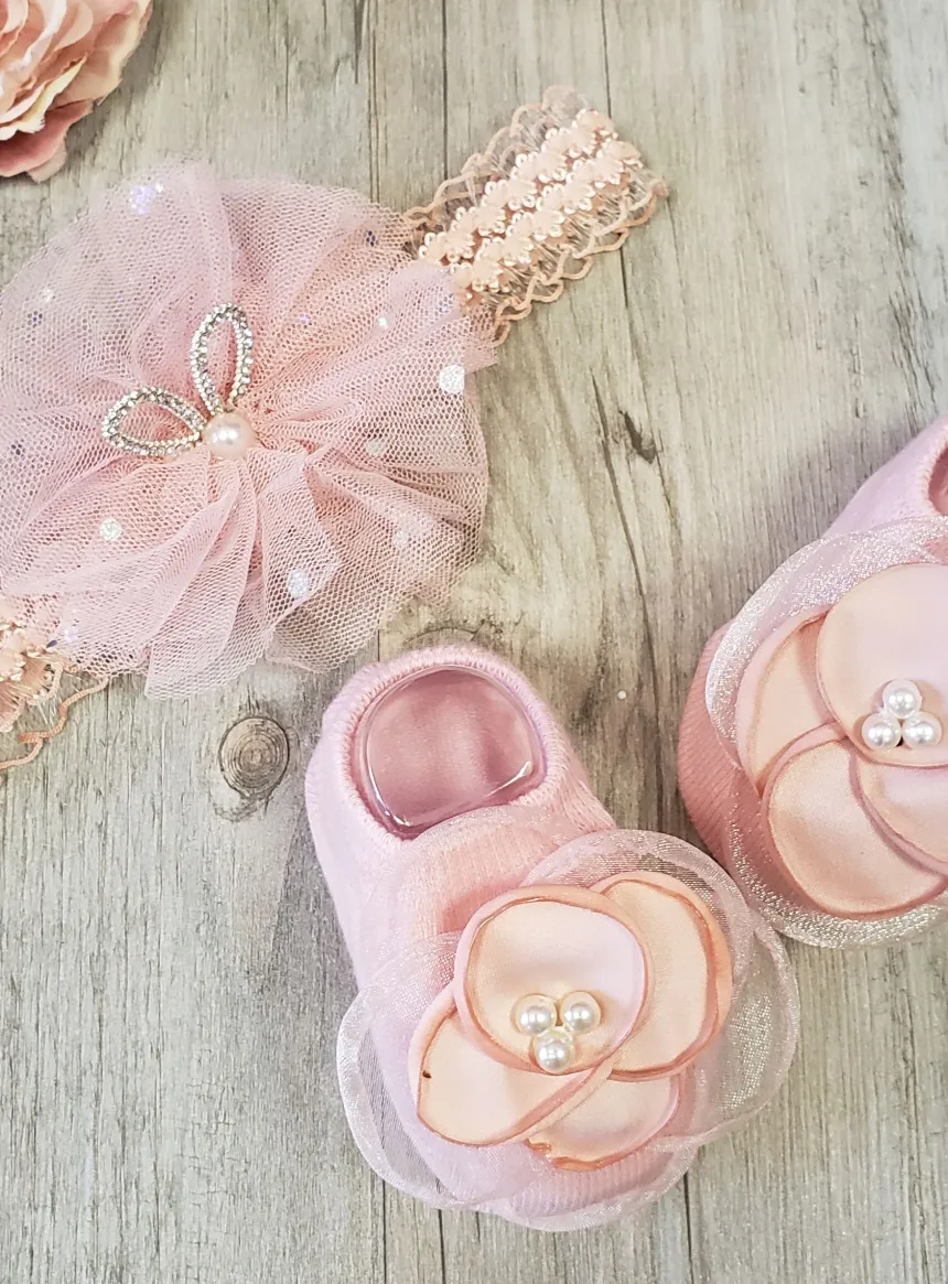 Chaussons / chaussettes + bandeau bébé fille fleur vieux rose Rose Taille unique