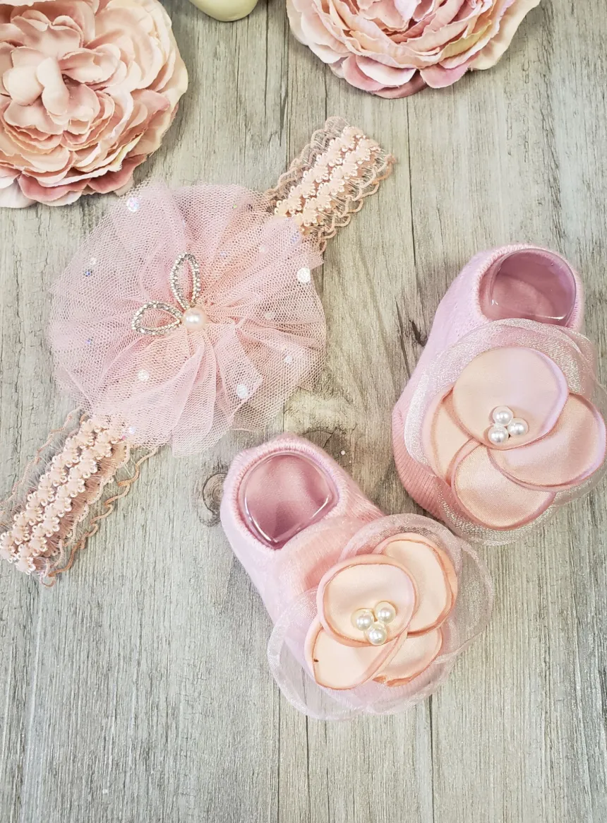 Chaussons / chaussettes + bandeau bébé fille fleur vieux rose Rose Taille unique