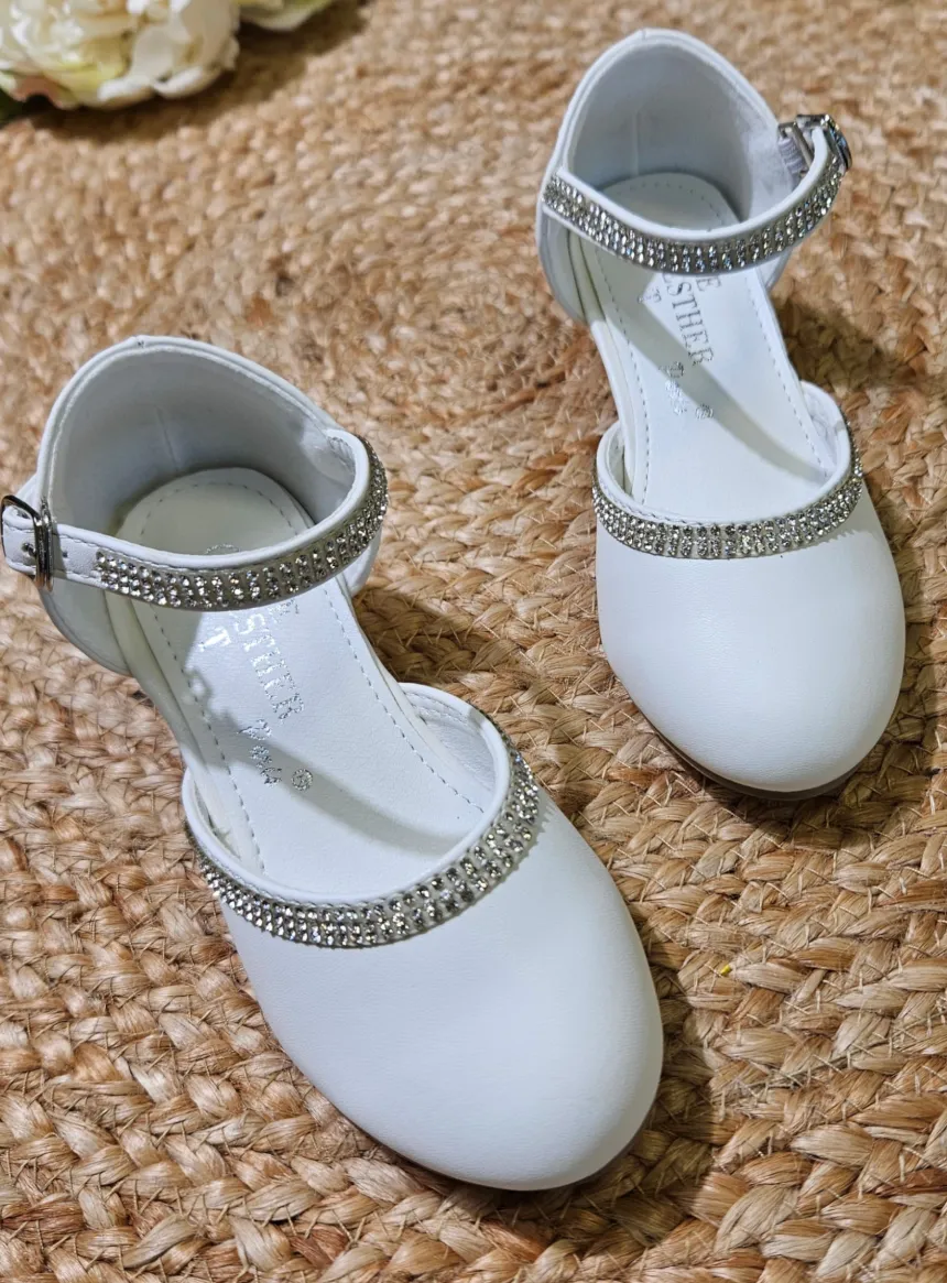 Chaussures blanches à talon avec strass pour fille