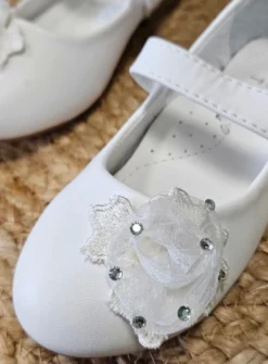 Chaussures cérémonie fille pas chère à lanière fleurs et strass