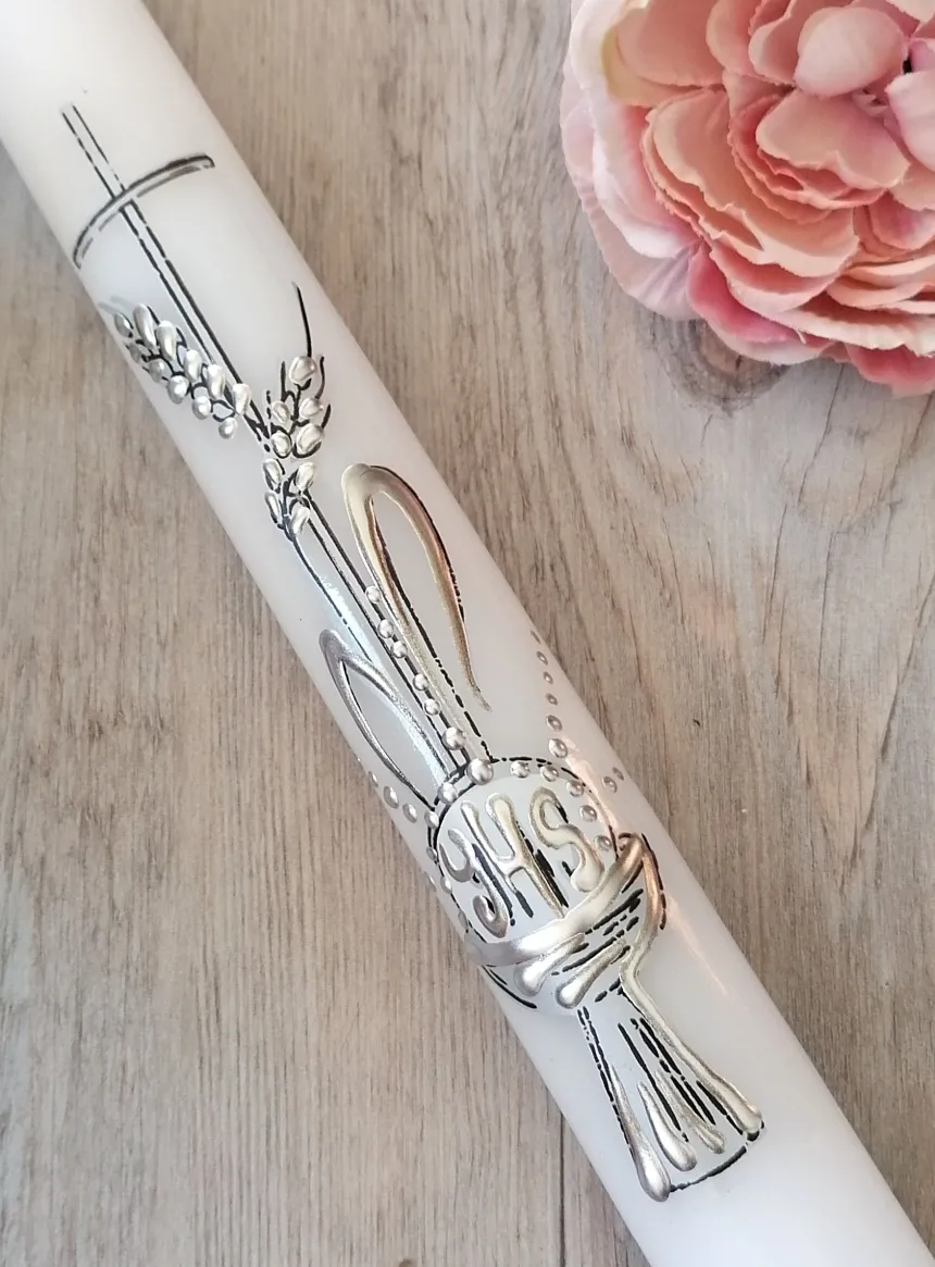 Cierge communion " Croix, Hostie et Calice" + noeud dentelle