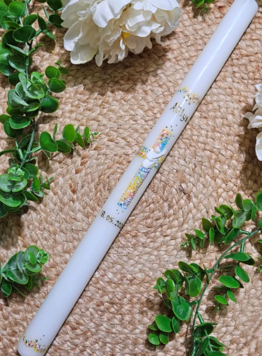 Cierge Croix et Colombe Chrétien - Personnalisable Blanc