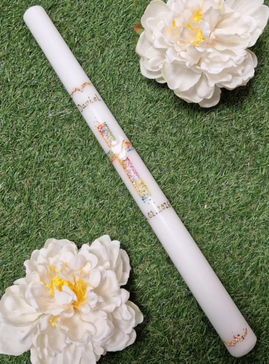Cierge Croix et Colombe Chrétien - Personnalisable Blanc