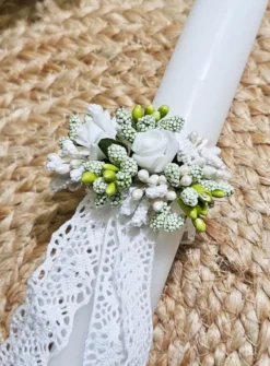 Cierge de baptême avec noeud florale dentelle vintage