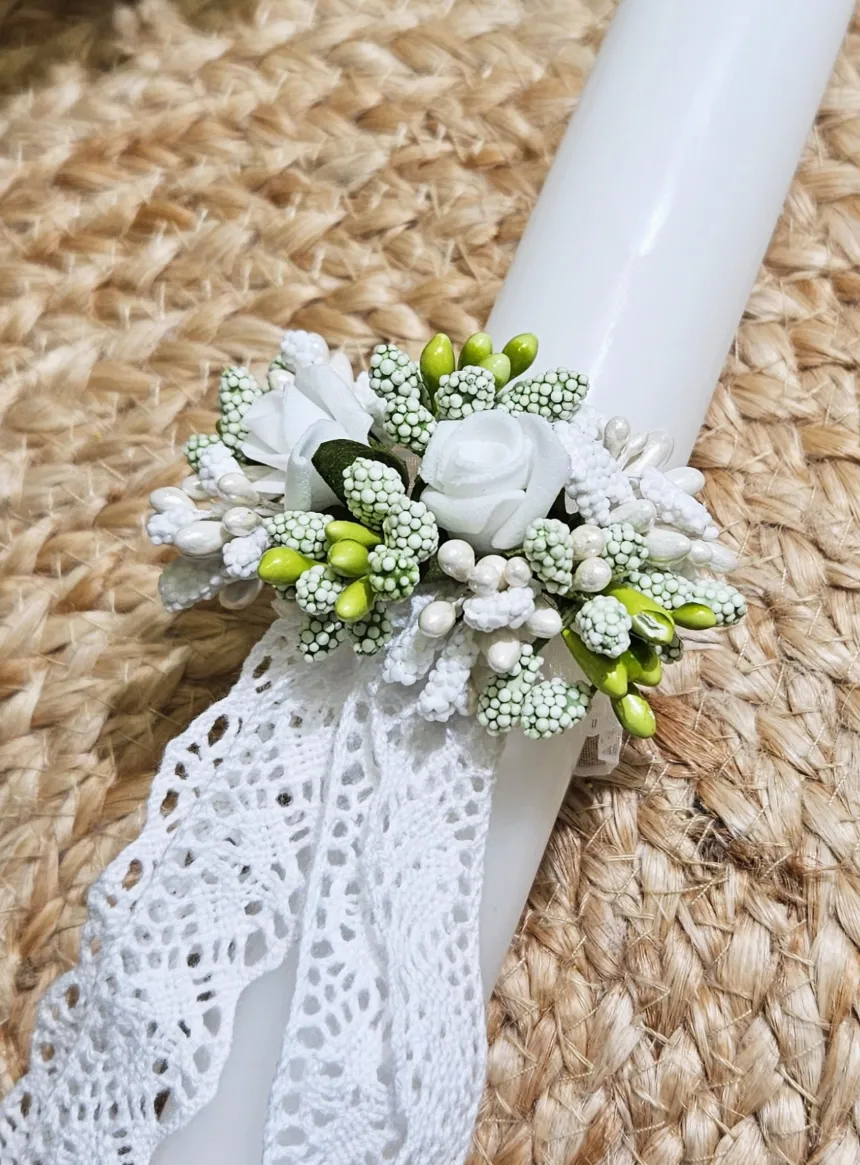 Cierge de baptême avec noeud florale dentelle vintage