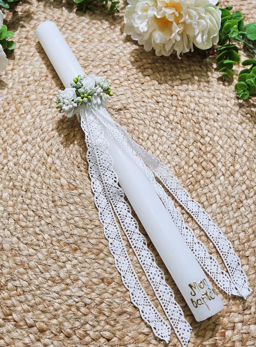 Cierge de baptême avec noeud florale dentelle vintage