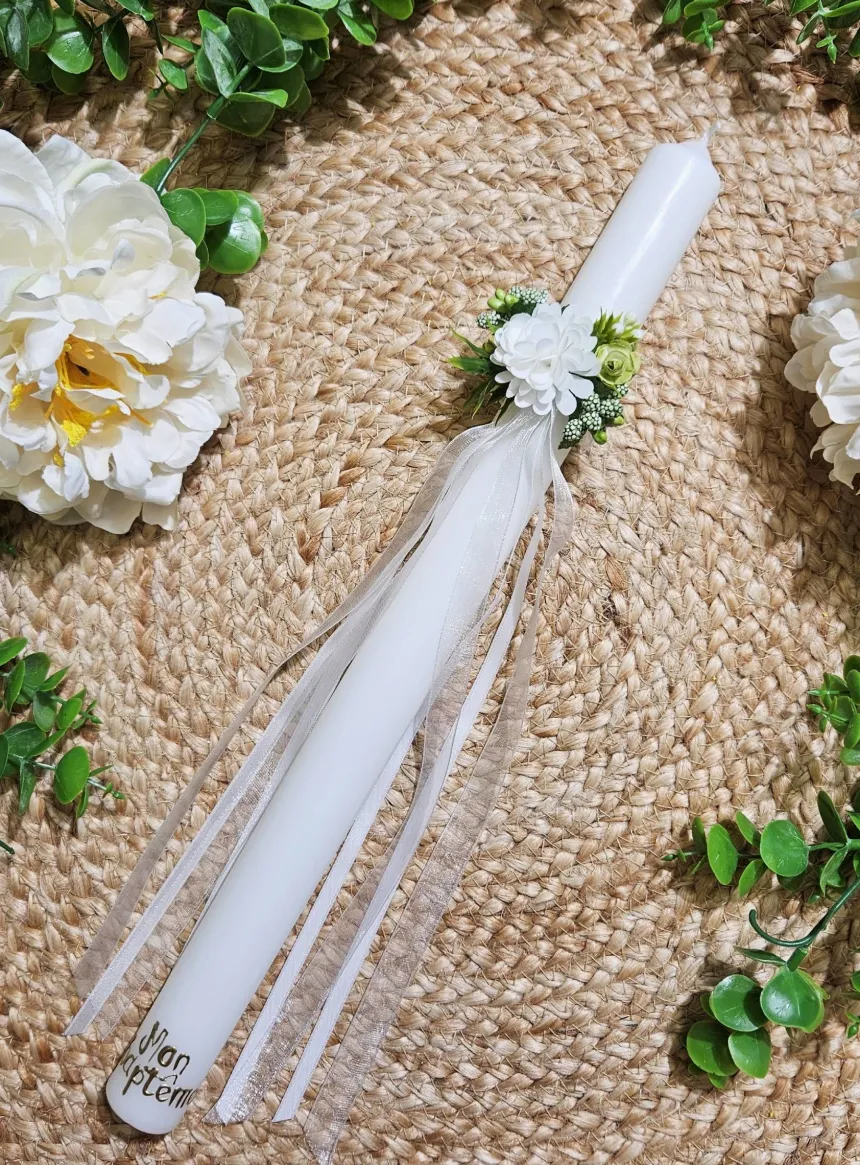 Cierge de Baptême avec Nœud en Fleurs et Rubans