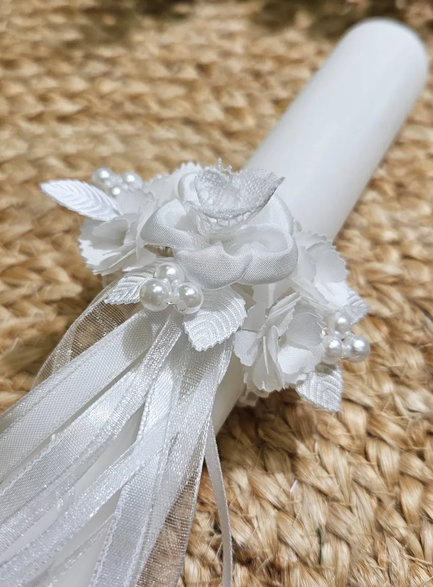 Cierge de Baptême + noeud décoratif fleurs et perles
